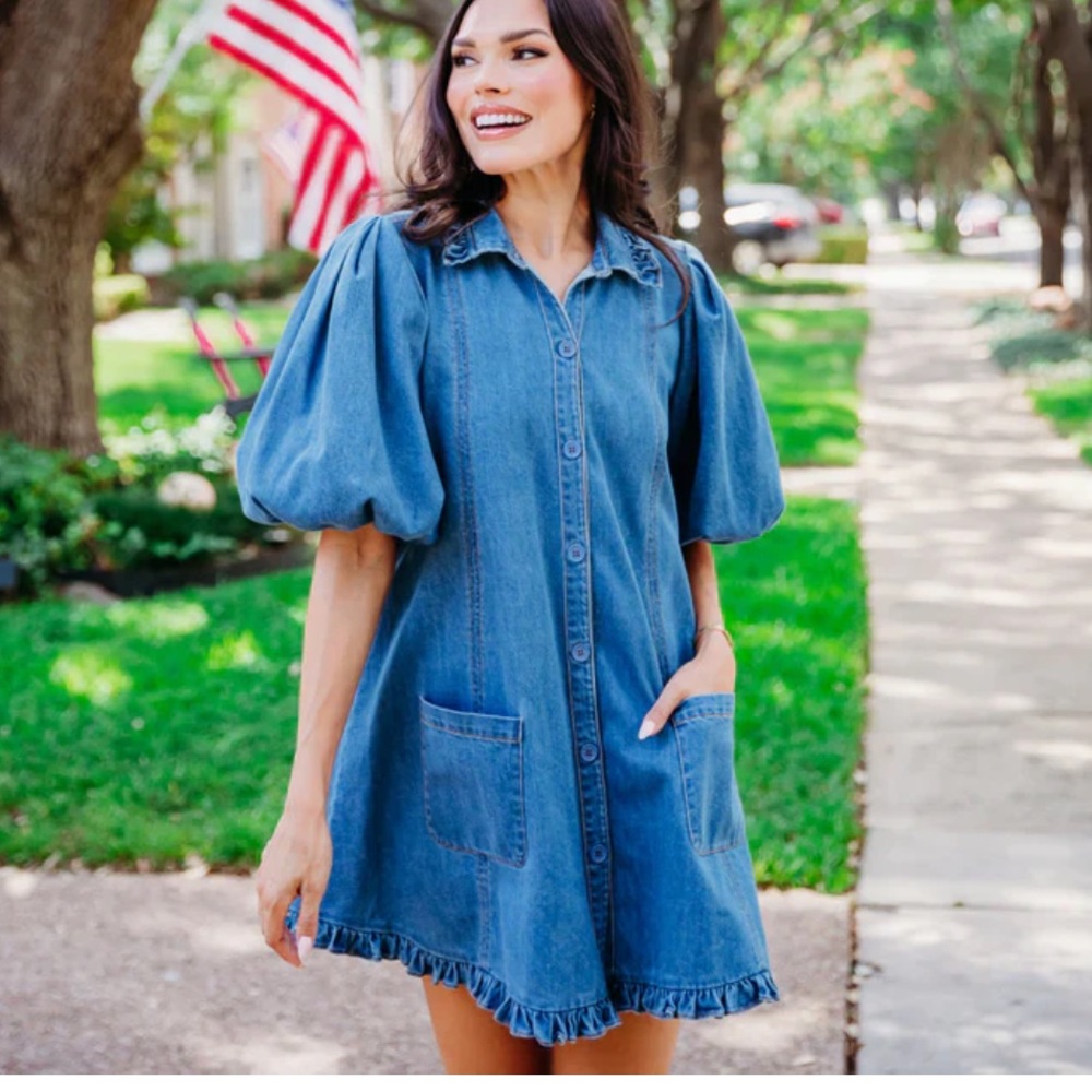 Karlie Denim Ruffle Pocket Dress Large